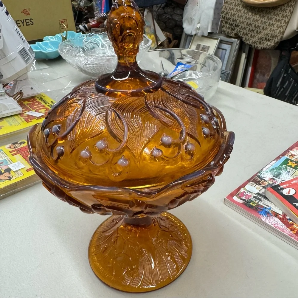 Vintage Fenton Amber Opalescent Lily of the Valley Lidded Pedestal Candy Dish